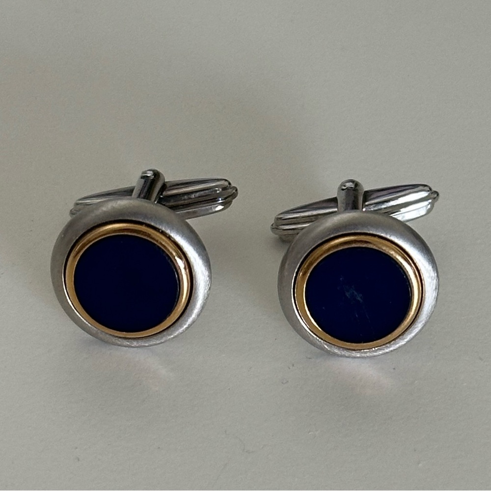 Dunhill Silver and Gold Cufflinks with Blue Accent